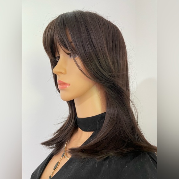 NWT darkest brown chocolate wig long bangs side pieces customized custom wig 14” - Picture 7 of 16